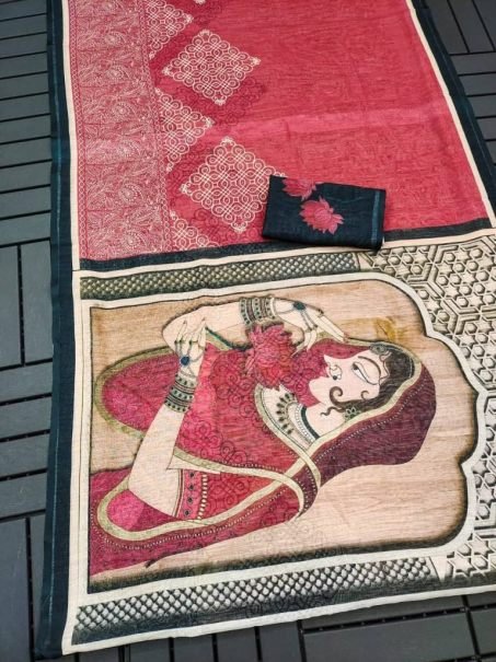 Coral and Black Digital Print Linen Saree with Traditional Portrait Design