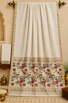 Cream Kalamkari Print Dolla Silk Saree with Floral Vine Pallu