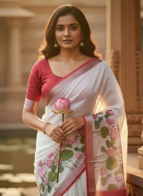 White and Pink Digital Print Linen Saree with Lotus Floral Design