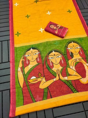 Mustard and Green Digital Print Linen Saree with Traditional Women Design