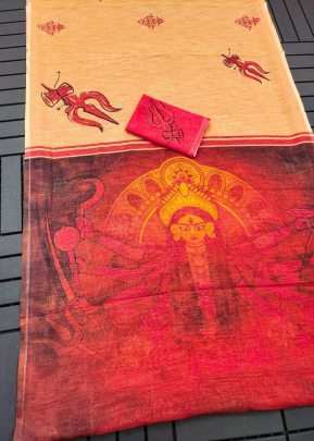 Peach and Red Digital Print Linen Saree with Traditional Figure Design