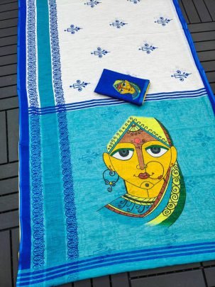 White and Blue Digital Print Linen Saree with Traditional Face Design