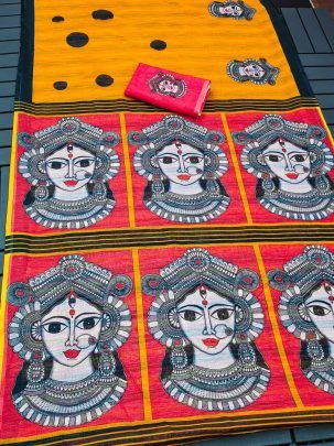 Mustard and Red Digital Print Linen Saree with Traditional Face Panels Design