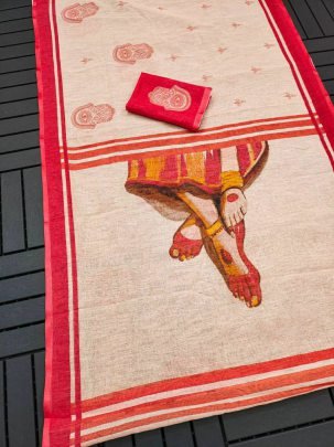 Cream and Red Digital Print Linen Saree with Dancer Hand Design