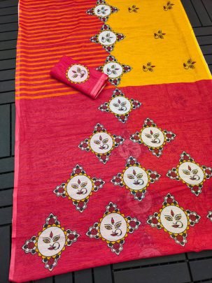 Yellow and Red Digital Print Linen Saree with Ornamental Face Motif Design