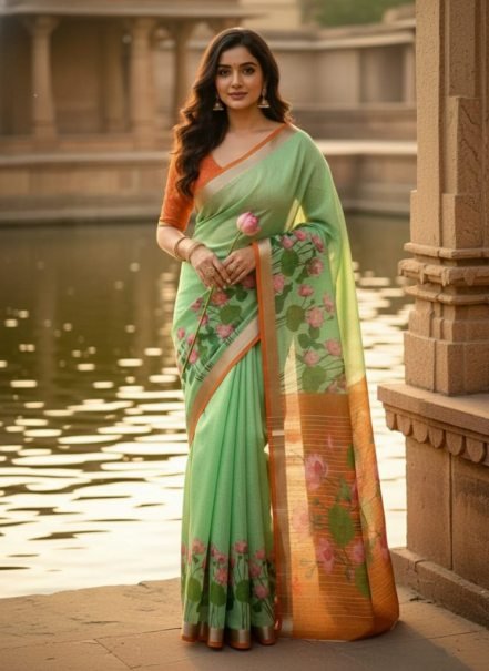 Mint Green Digital Print Linen Saree with Lotus Floral Design